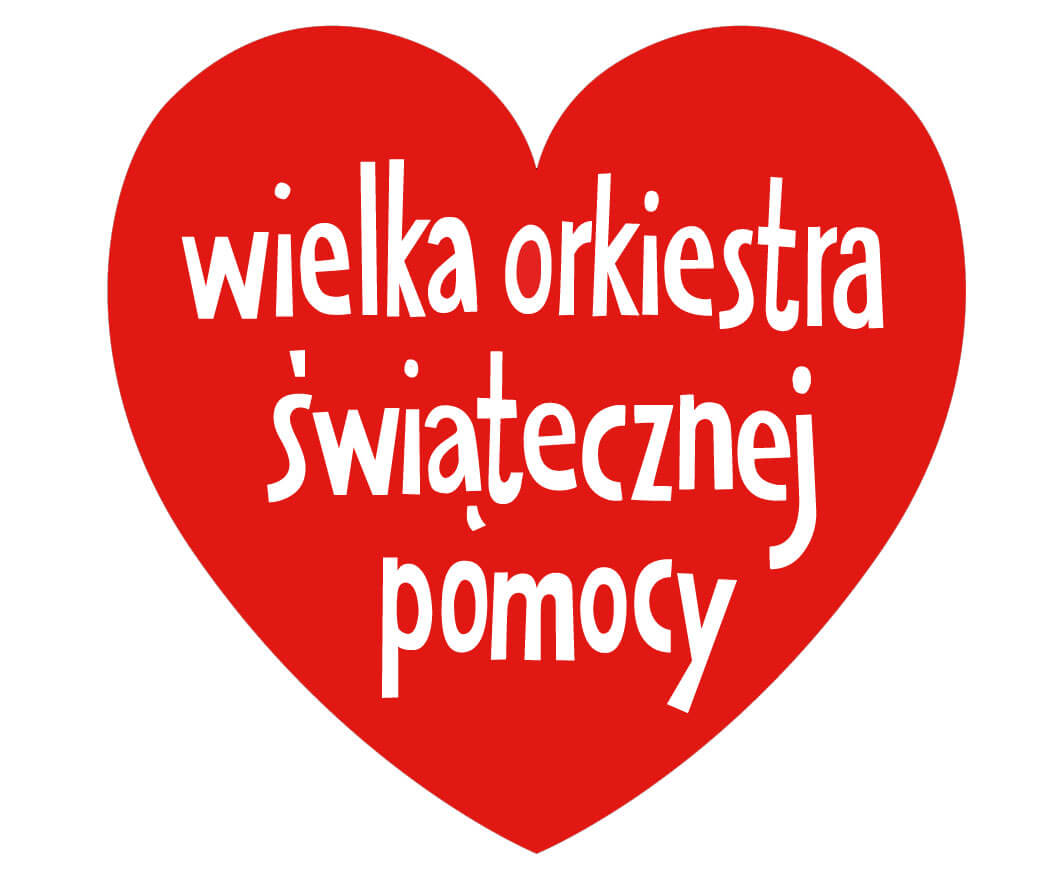 Logo Wielkiej Orkiestry Świątecznej Pomocy. Czerwone serduszko z białym napisem w środku