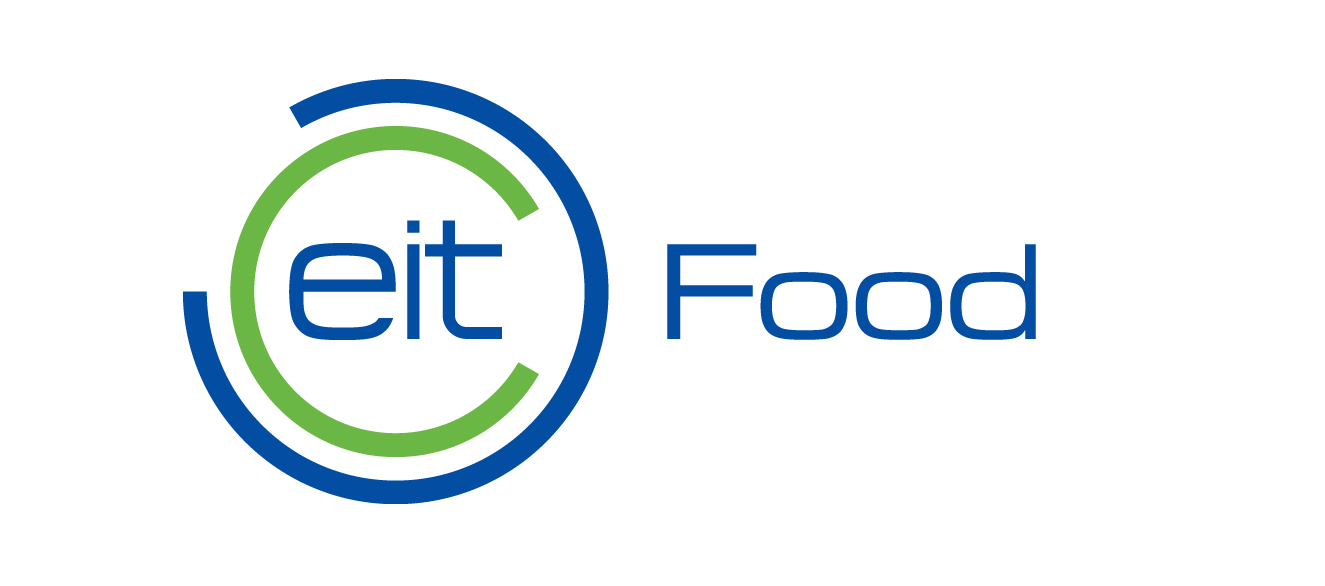 Logotyp EIT Food składający się z niebieskiej nazwy oraz zielonego elementu uzupełniającego